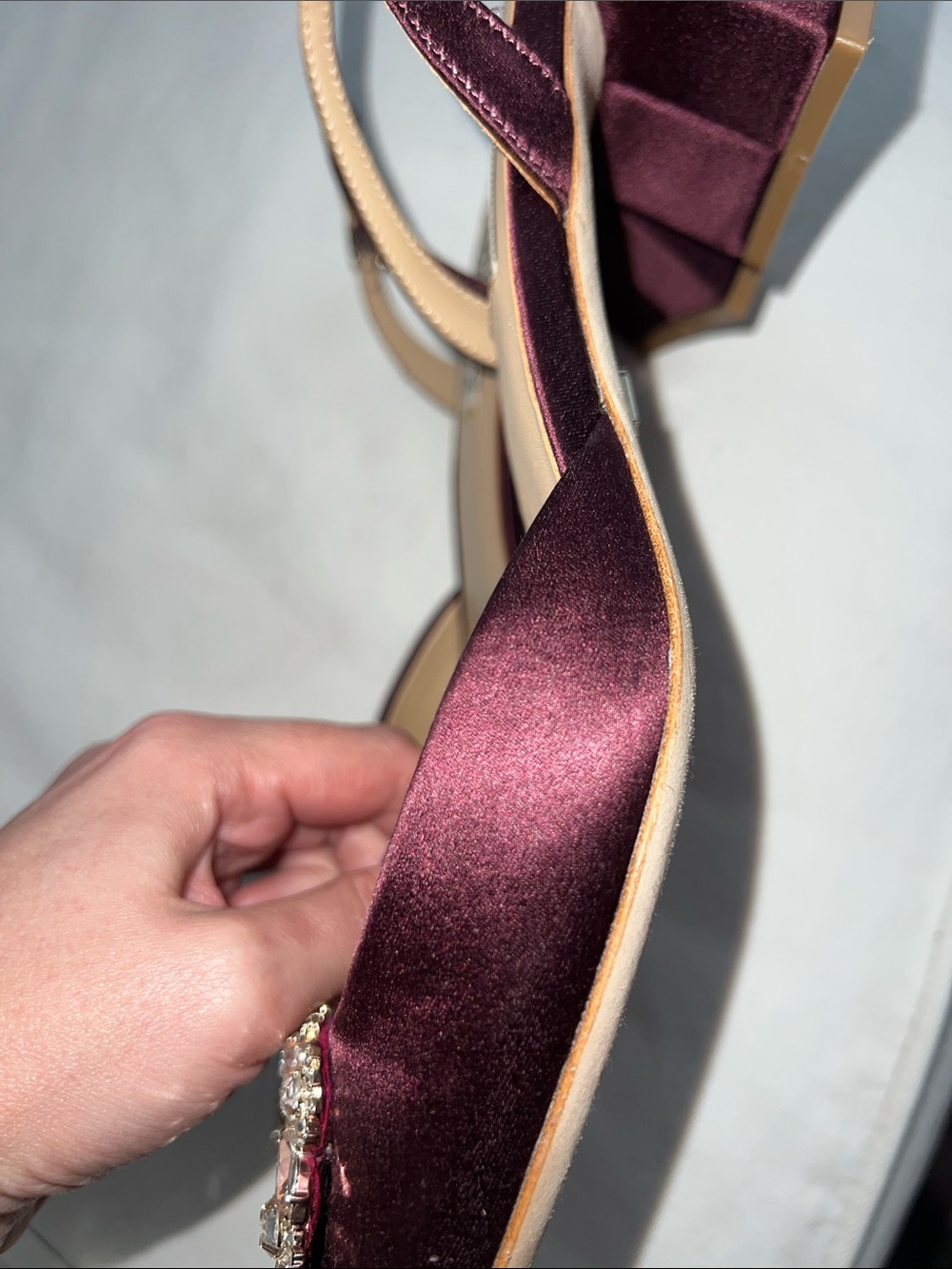 Badgley Mischka Plum Satin Slingback Heels with Crystal Buckles - Picture 5 of 9